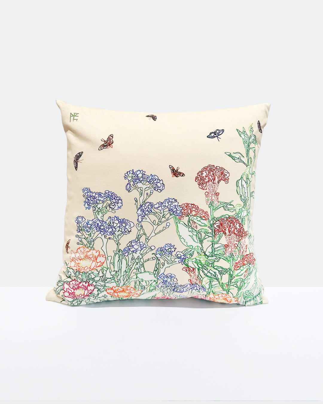 Line Painting of Grass and Insects Cotton Cushion Cream