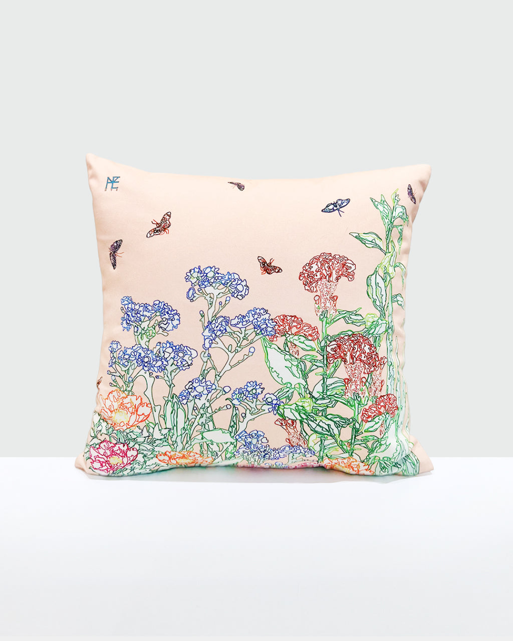 Line Painting of Grass and Insects Cotton Cushion Pink
