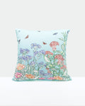 Line Painting of Grass and Insects Cotton Cushion Blue
