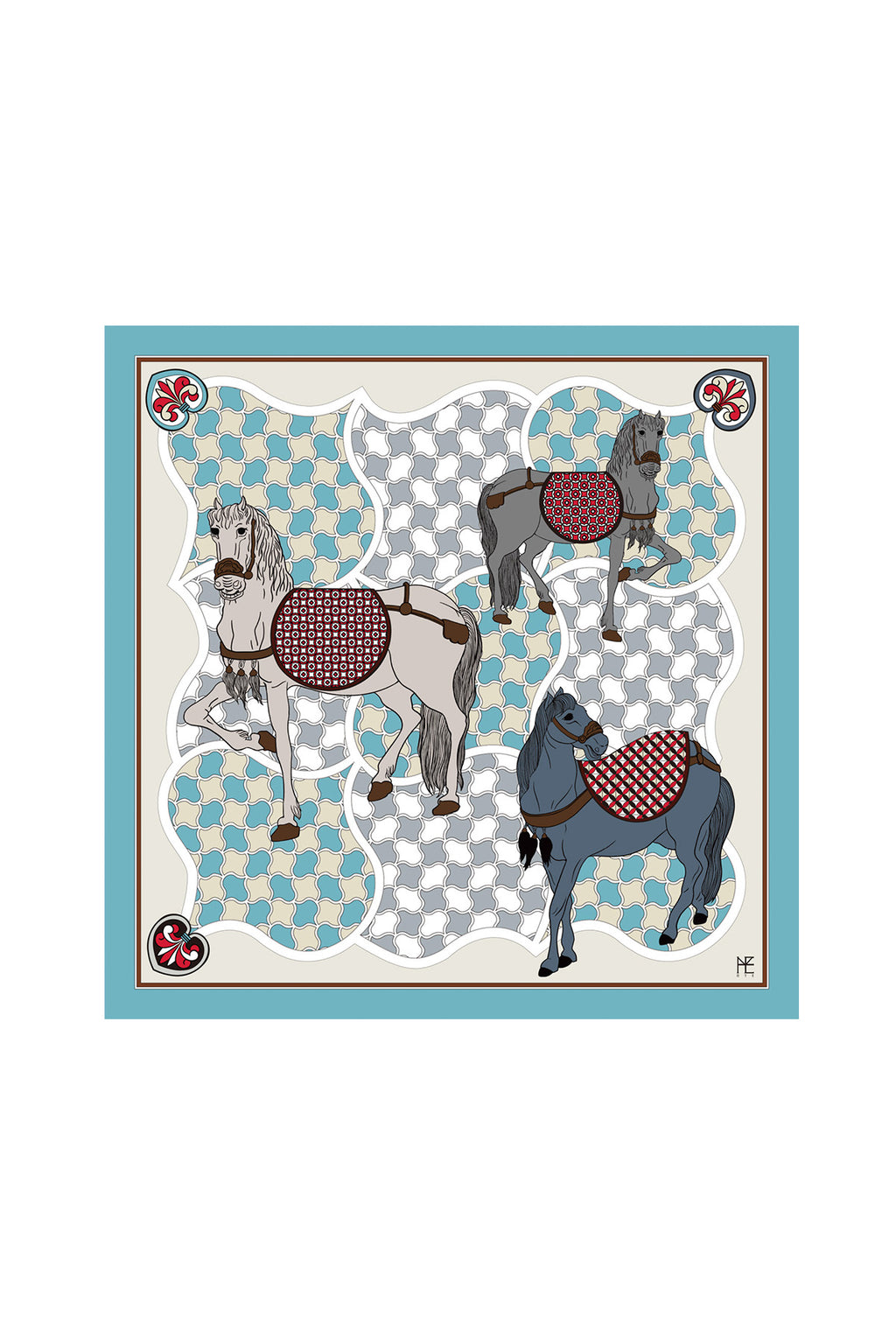 Horses and Wave Patterns Scarf 70 - Blue