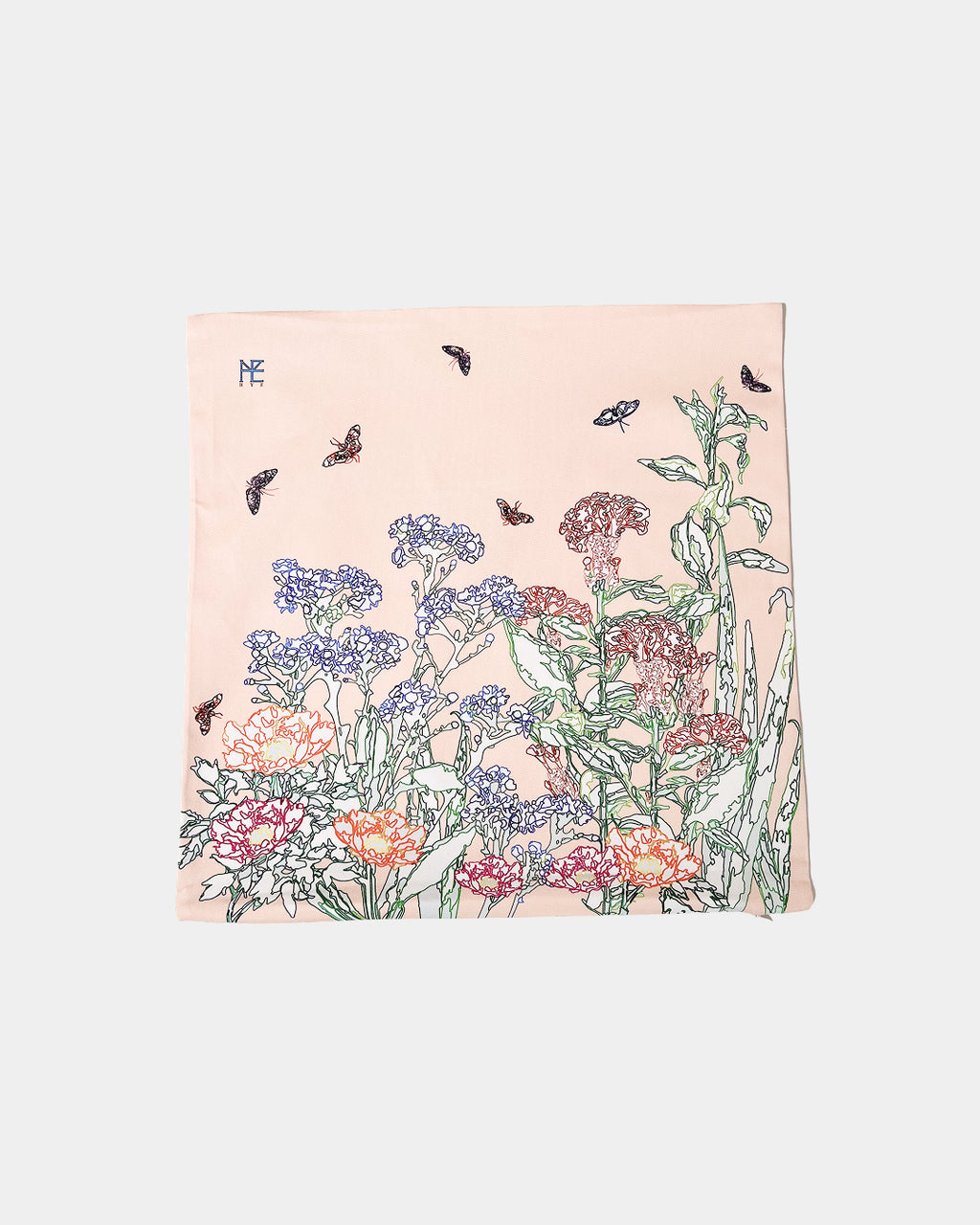 Line Painting of Grass and Insects Cotton Cushion Pink