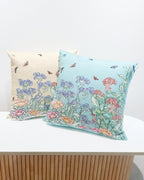 Line Painting of Grass and Insects Cotton Cushion Cream