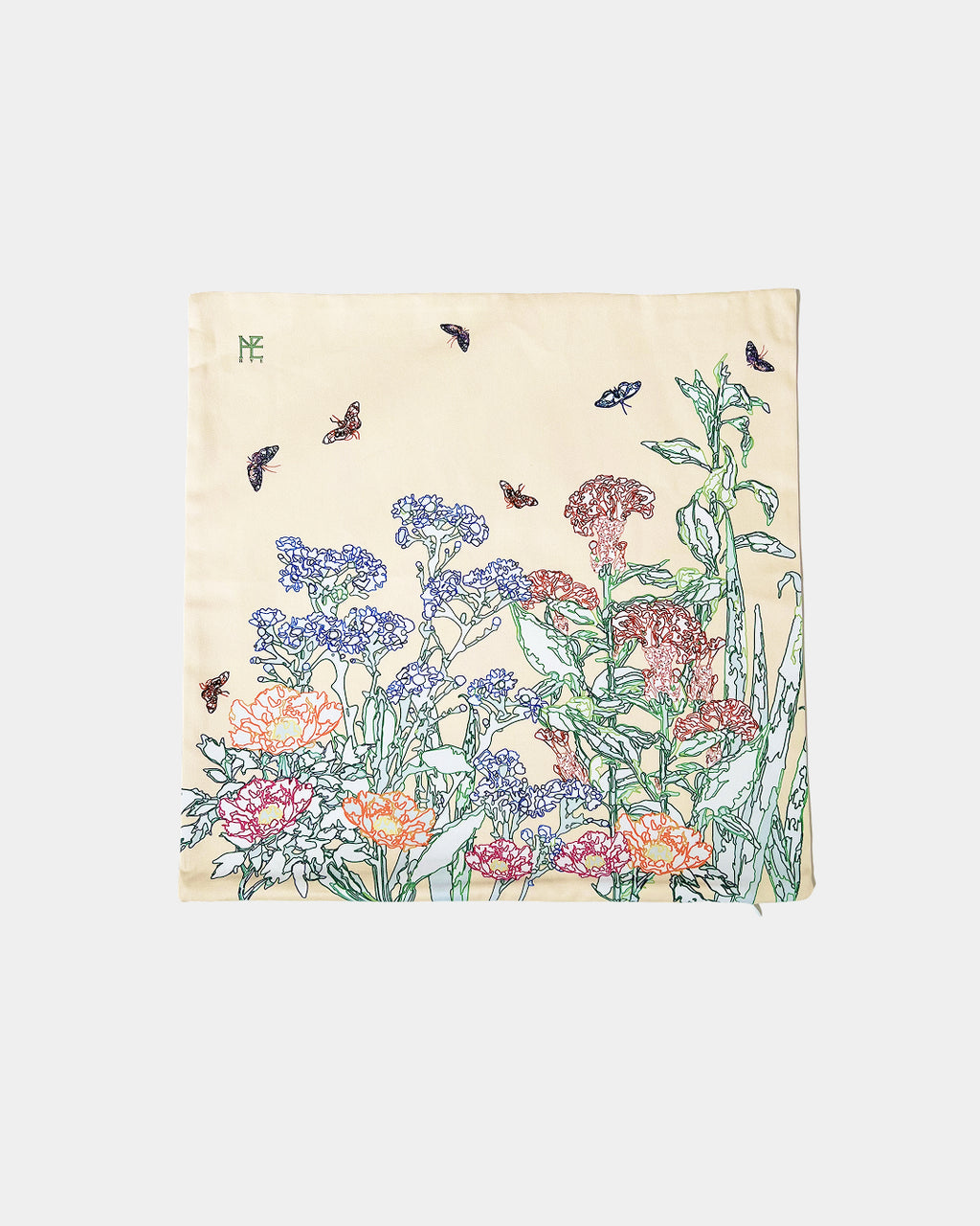 Line Painting of Grass and Insects Cotton Cushion Cream