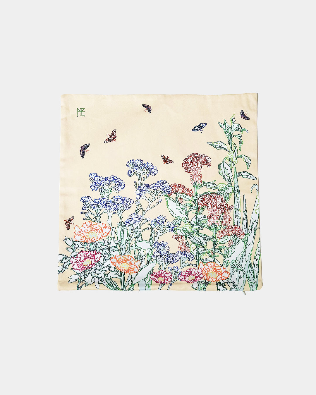 Line Painting of Grass and Insects Cotton Cushion Cream