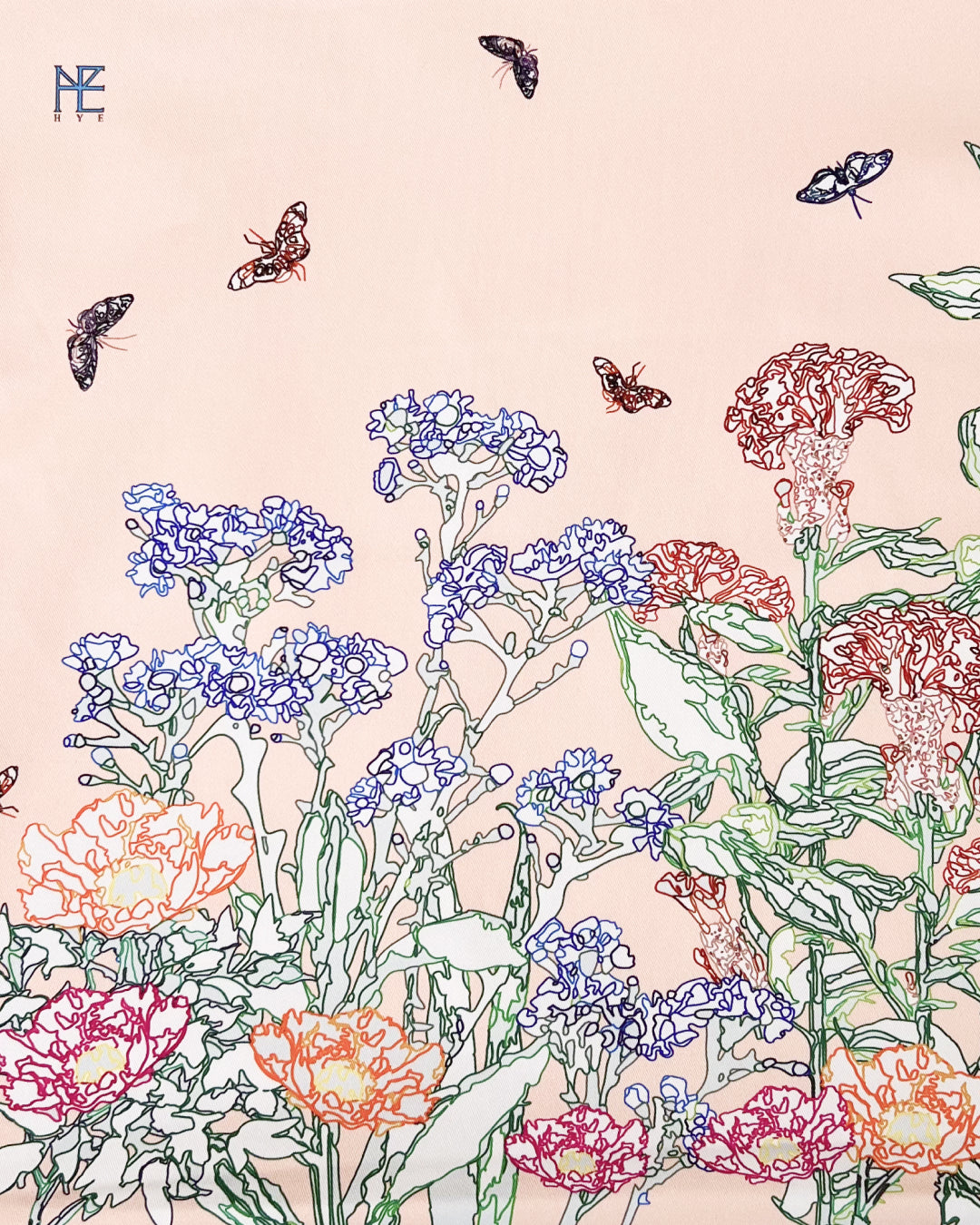Line Painting of Grass and Insects Cotton Cushion Pink