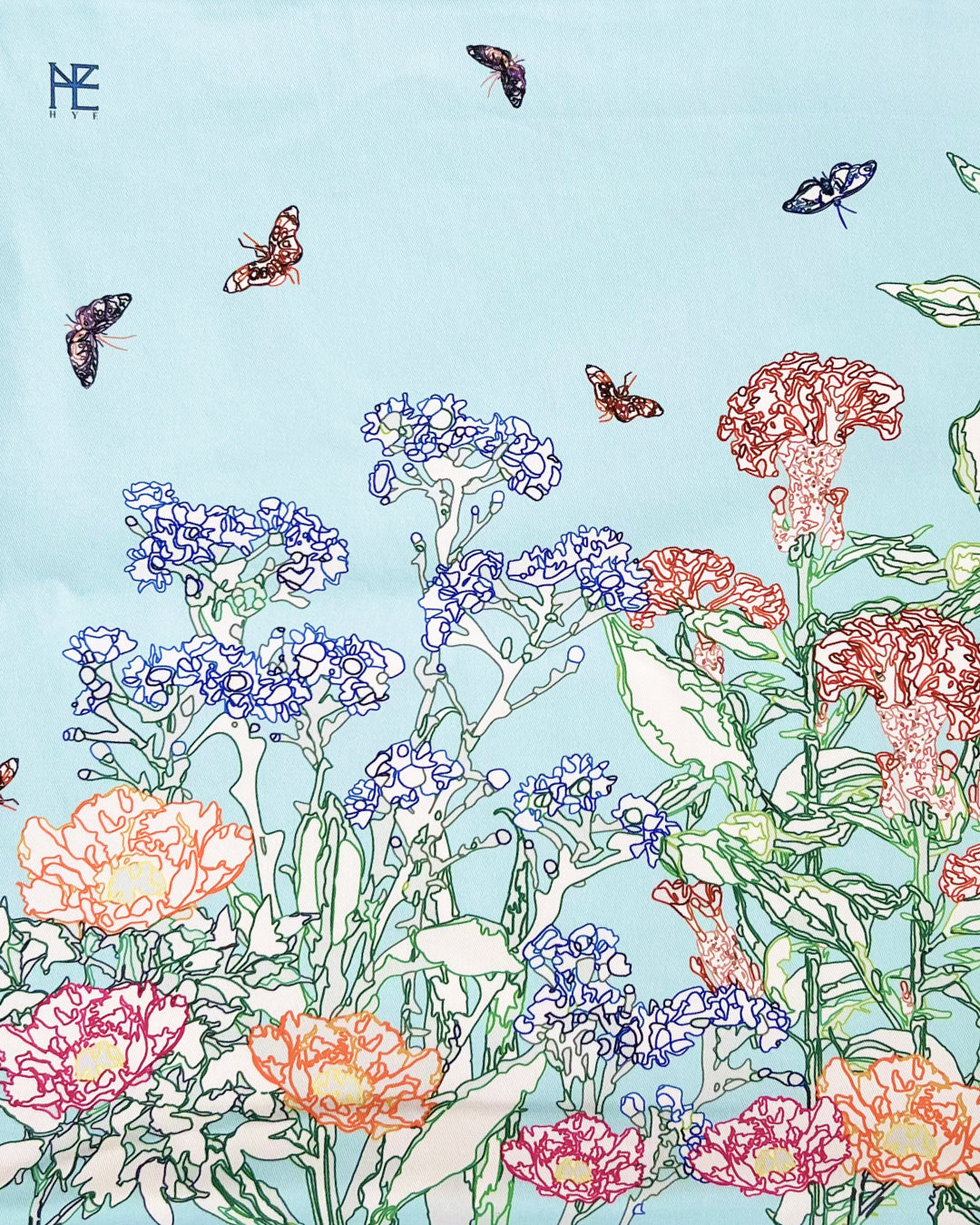 Line Painting of Grass and Insects Cotton Cushion Blue