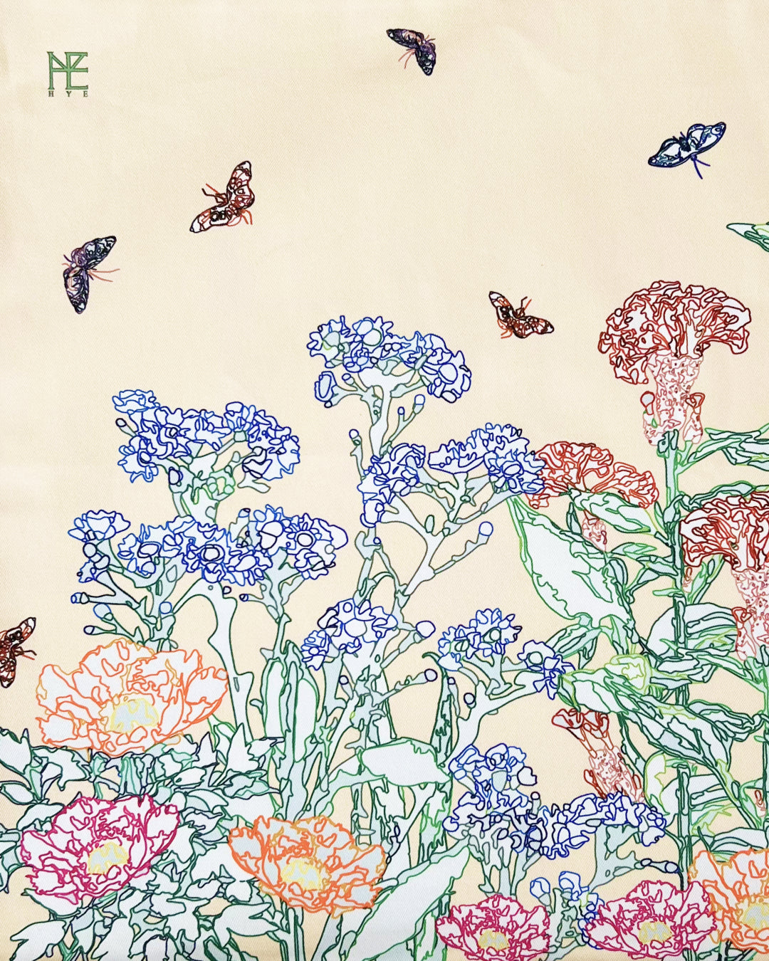 Line Painting of Grass and Insects Cotton Cushion Cream