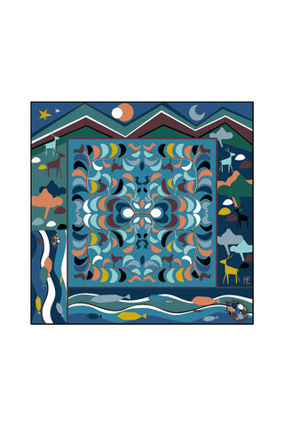 Nature painting with Embroidered Flower pattern - Blue