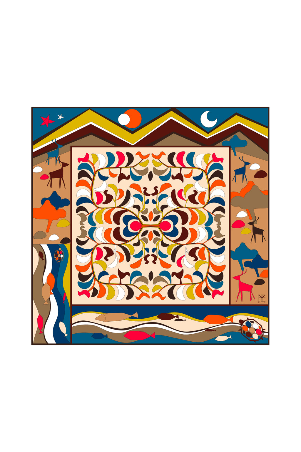 Nature painting with Embroidered Flower pattern - Beige