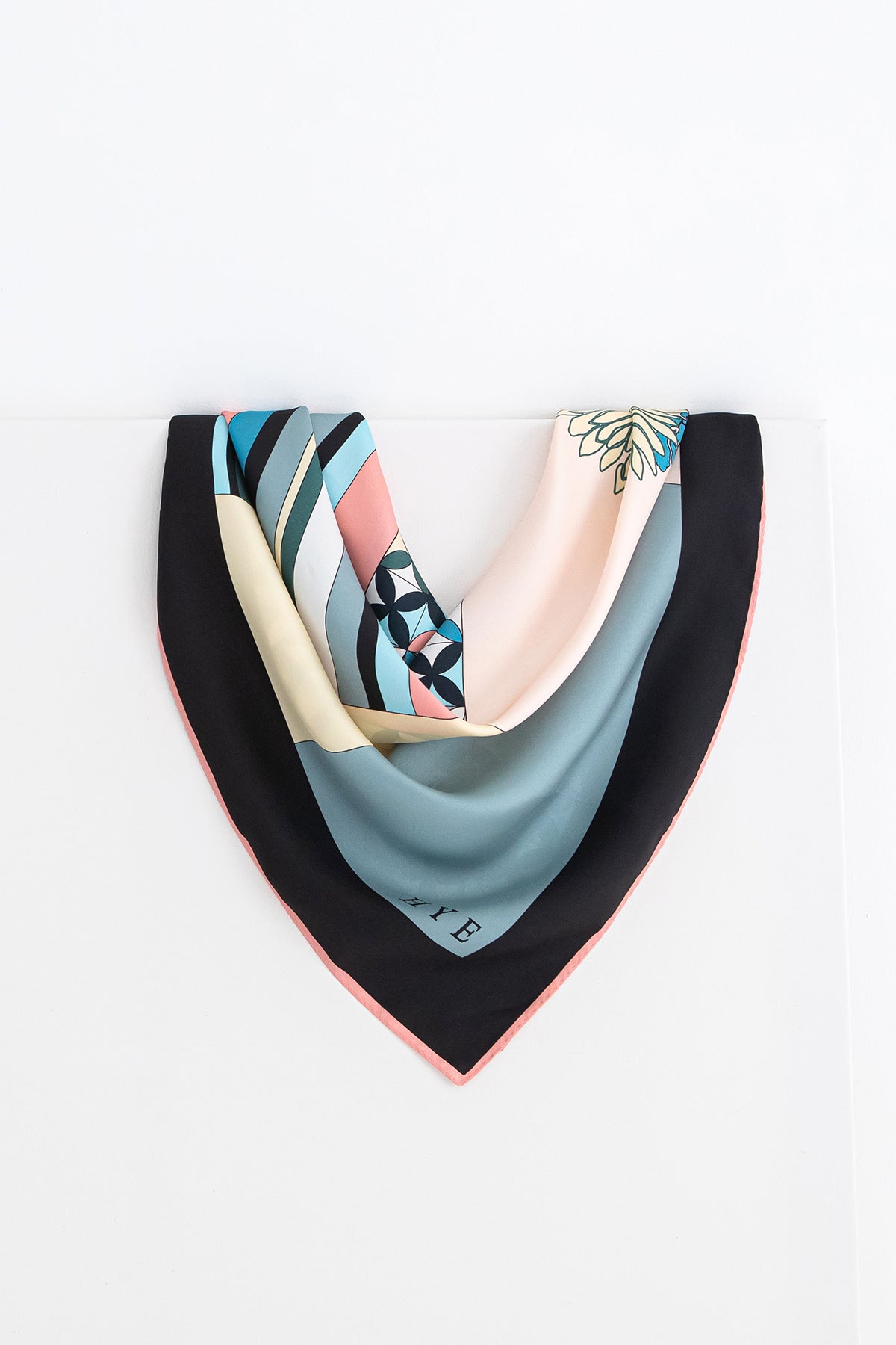 Silk Scarf - Grey, Pink, Black (Chrysanthemums & Cranes)