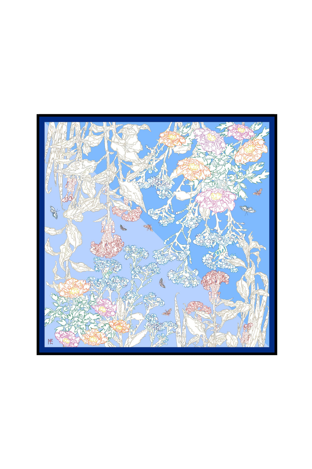 Line Painting of Grass and Insects 90 - Blue